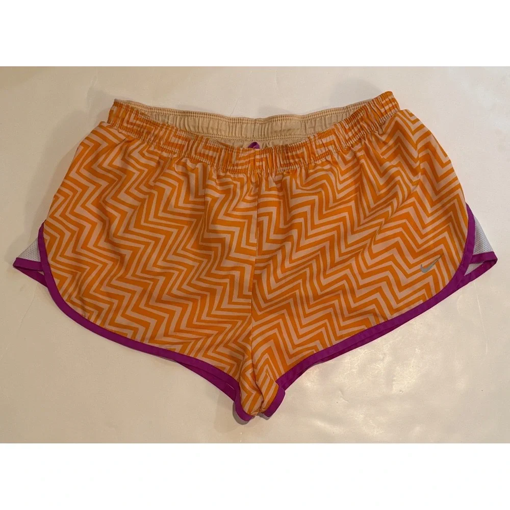 Nike Dri-FIT Running Shorts Orange White Chevron Zig Zag Purple Trim Womens M